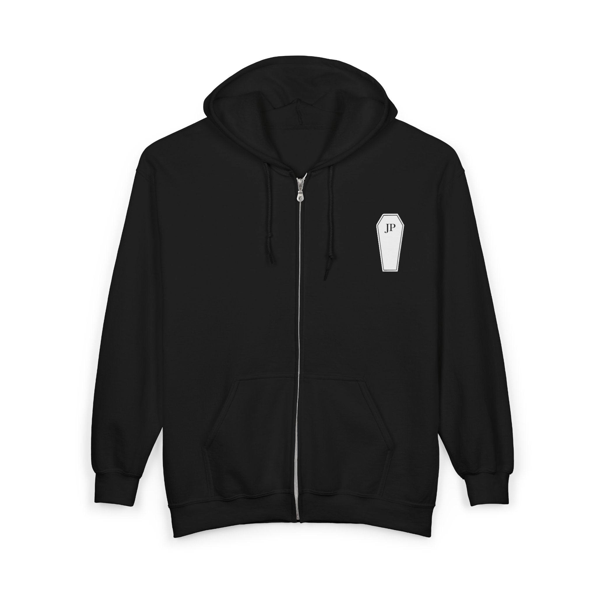 Coffin Chest Zip Hoodie — Minimal Gothic Funeral Coffin Design